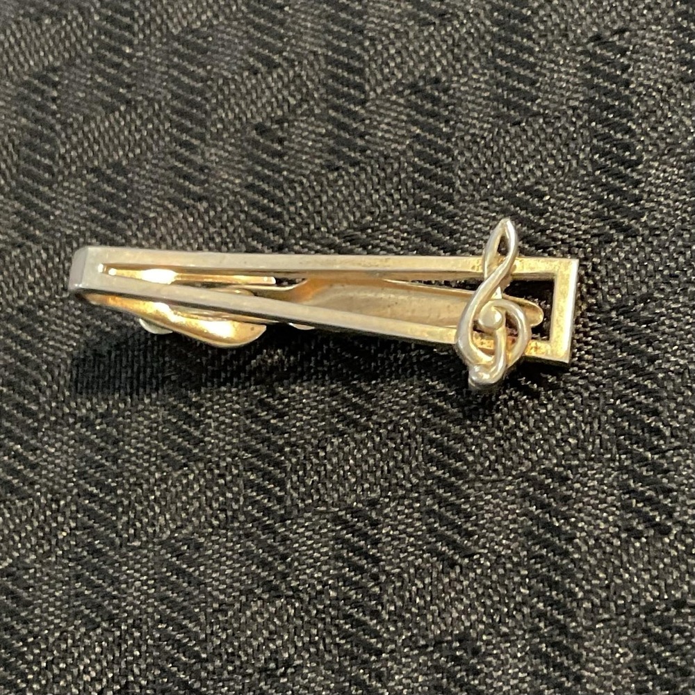 Vintage Swank Silver Tone Treble Clef Tie Clip Bar Mens Music Novelty 1.5 Inch